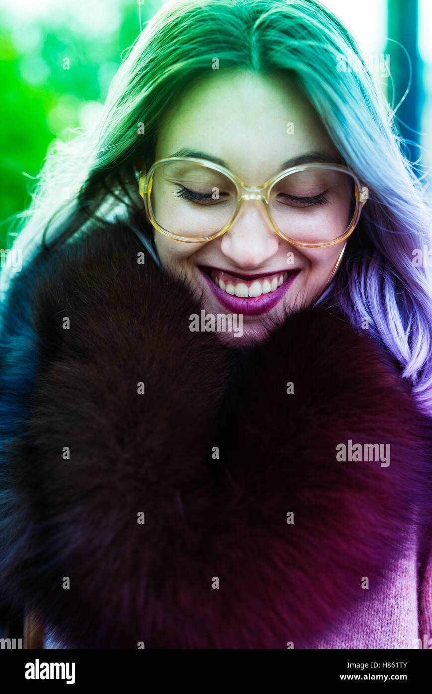 Portrait Of Young Beautiful Caucasian Purple Grey Hair Woman