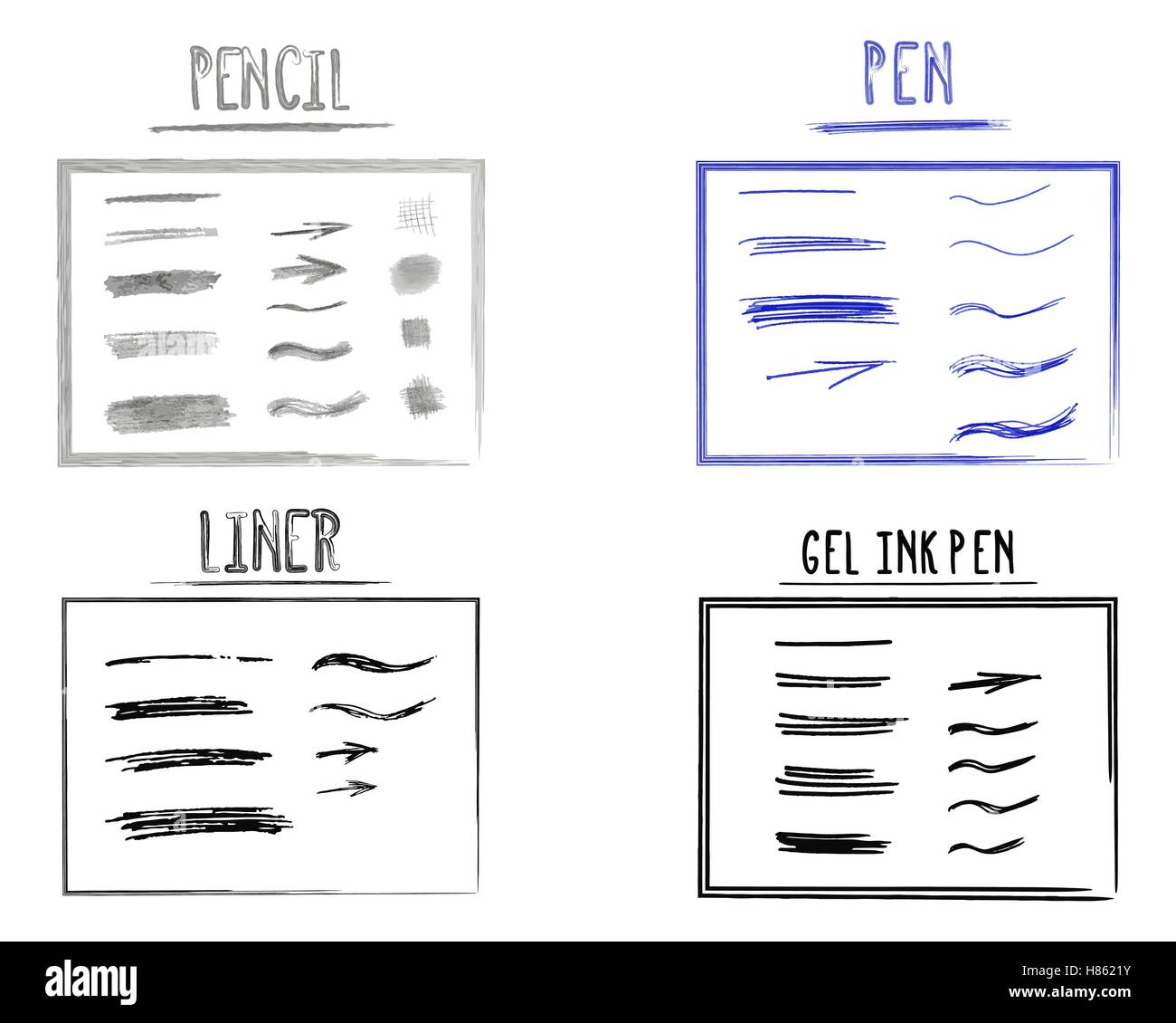 Set of Hand Drawn Doodle Sketchy Grunge Gel Ink, Pen, Pencil, Liner ...