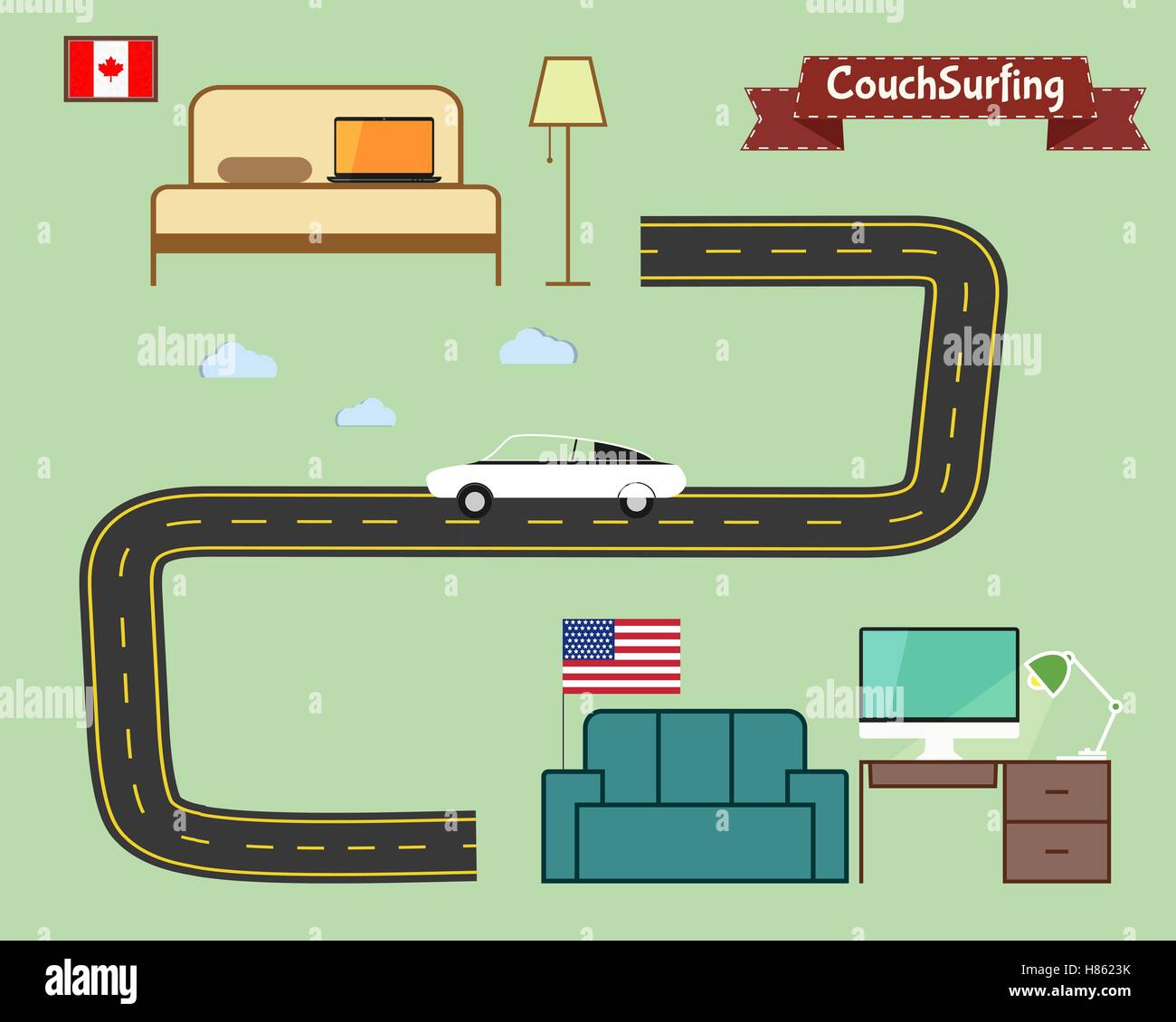 Couch surfing concept. Travel infographic. Share your sofa. Car on the road. 2015. Travel all over the world for free. Can be used as poster, banner, card, template etc. Flat design. Vector Stock Vector