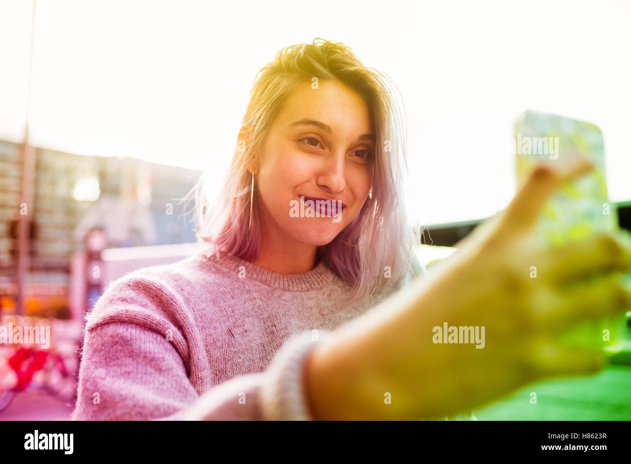 Young Beautiful Caucasian Purple Grey Hair Woman Outdoor In The