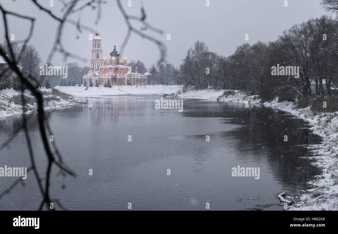 Cathedral and the river Polist Staraya Russa at the winter background Stock Photo