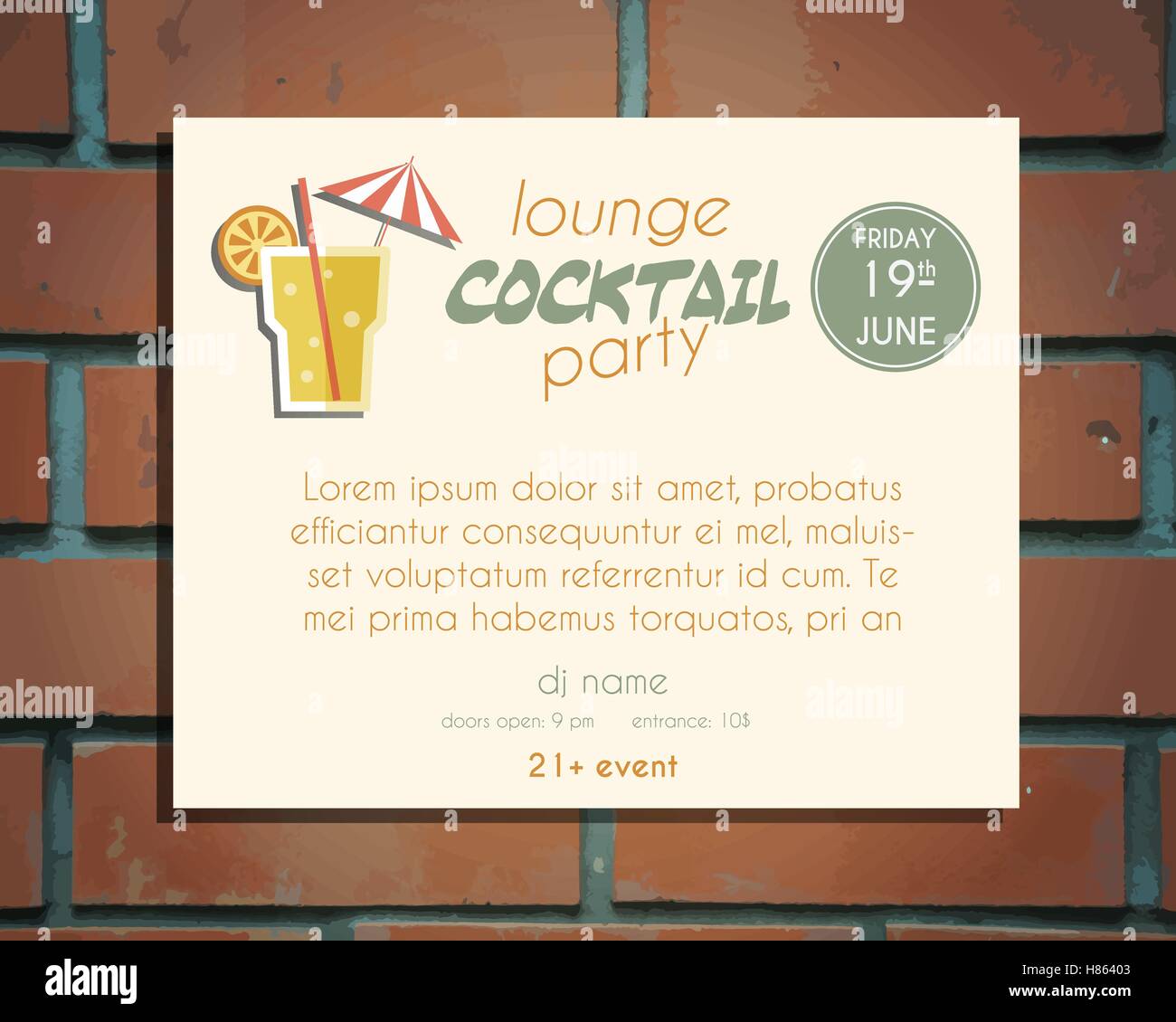 Lounge Cocktail Party Poster Invitation Template With Screw Driver Cocktail Bright Vintage Design For Bar Or Restaurant Isolated On Brick Wall Background Vector Illustration Stock Vector Image Art Alamy