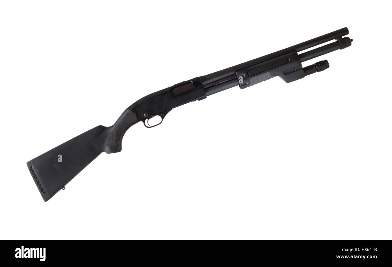 Black pump action shotgun with a light isolated on white Stock Photo
