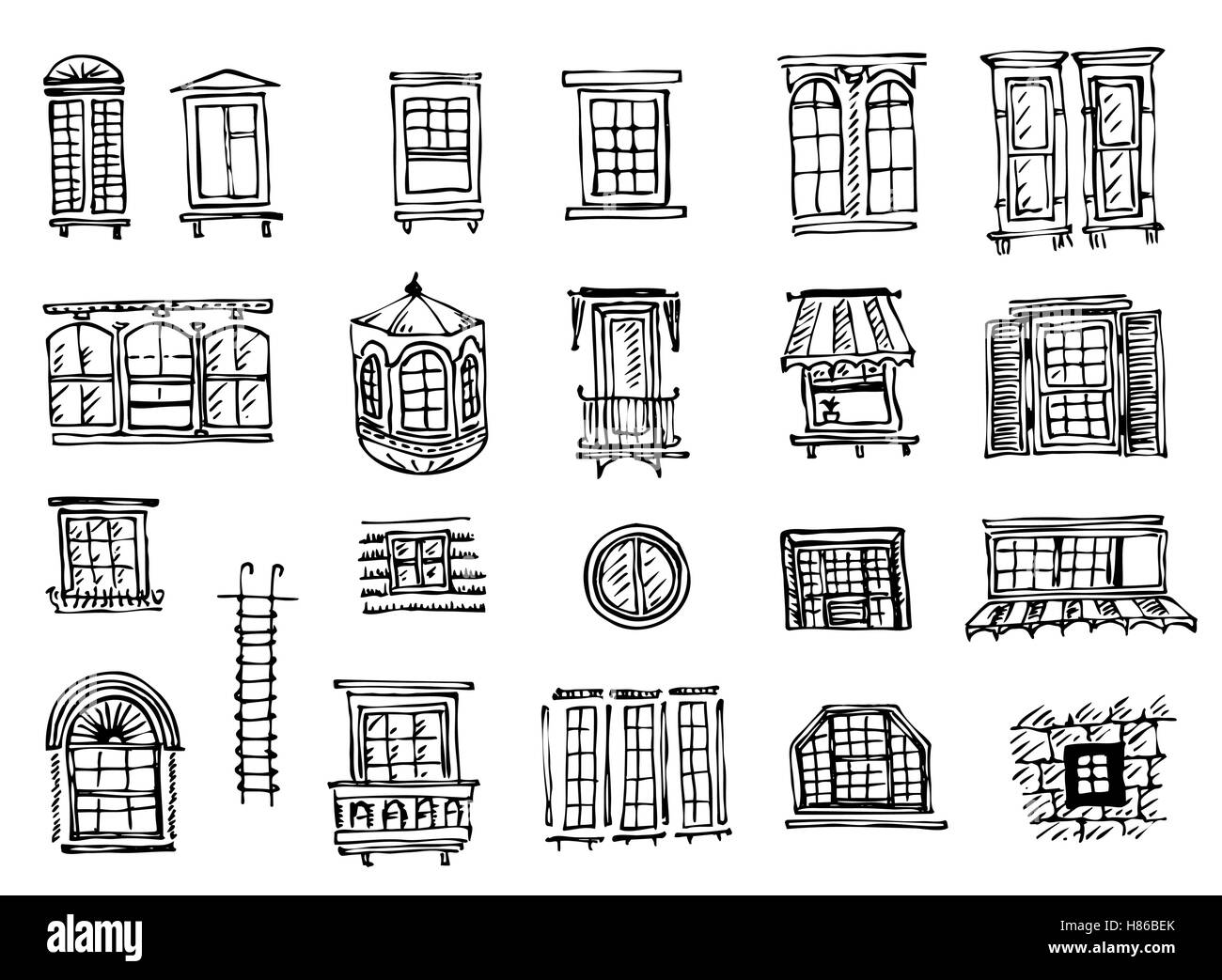 plurality of contours of classical window frames and windows Stock