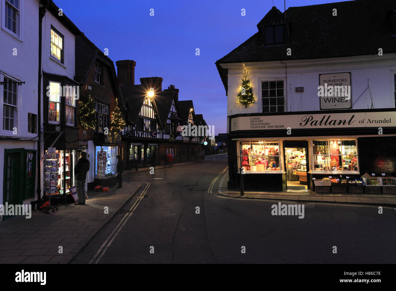Christmas Lights at night, Arundel town, West Sussex County, England