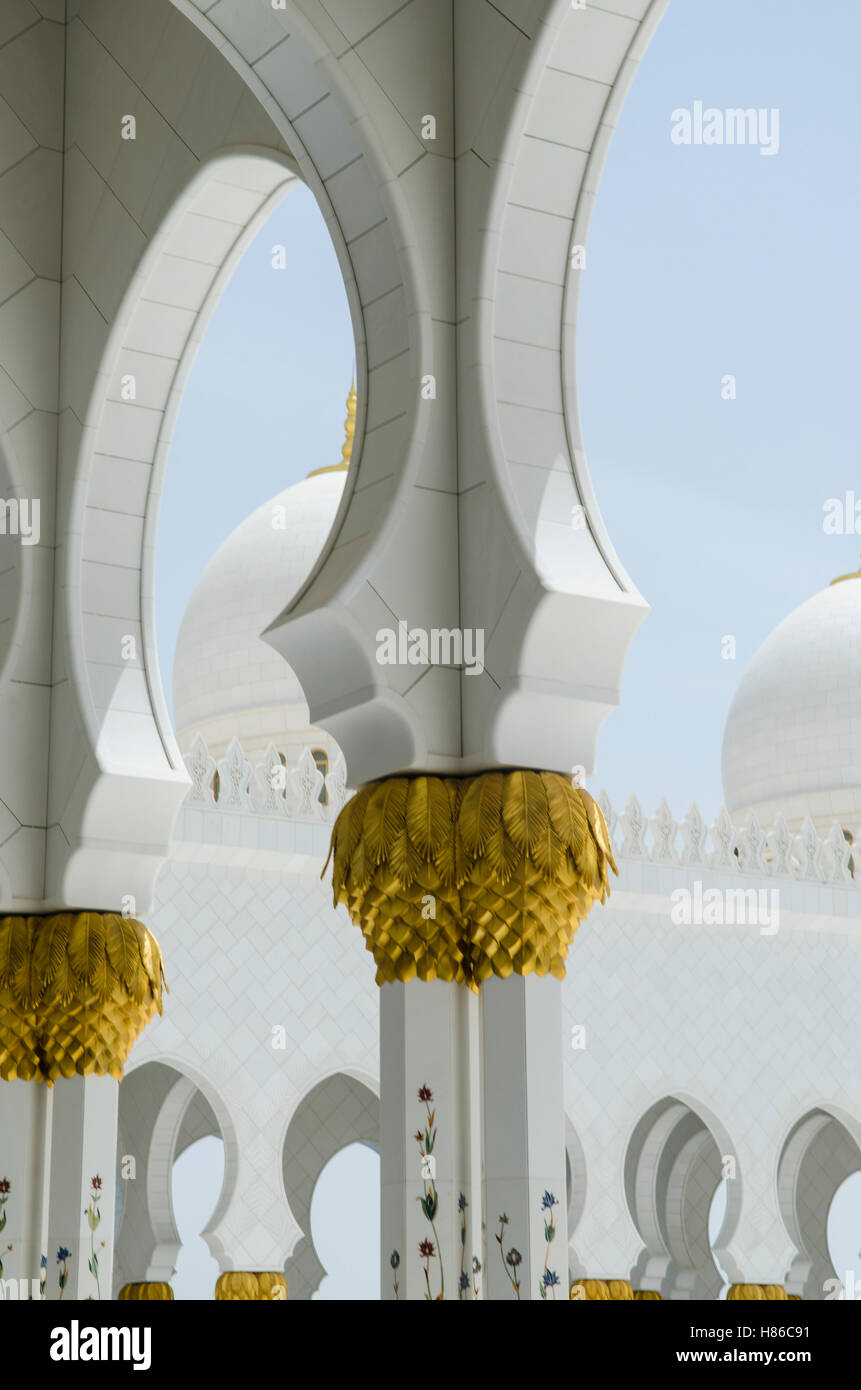 Gilded pillars at Sheikh Zayed Grand Mosque building exteriors Abu Dhabi United Arab Emirates Stock Photo