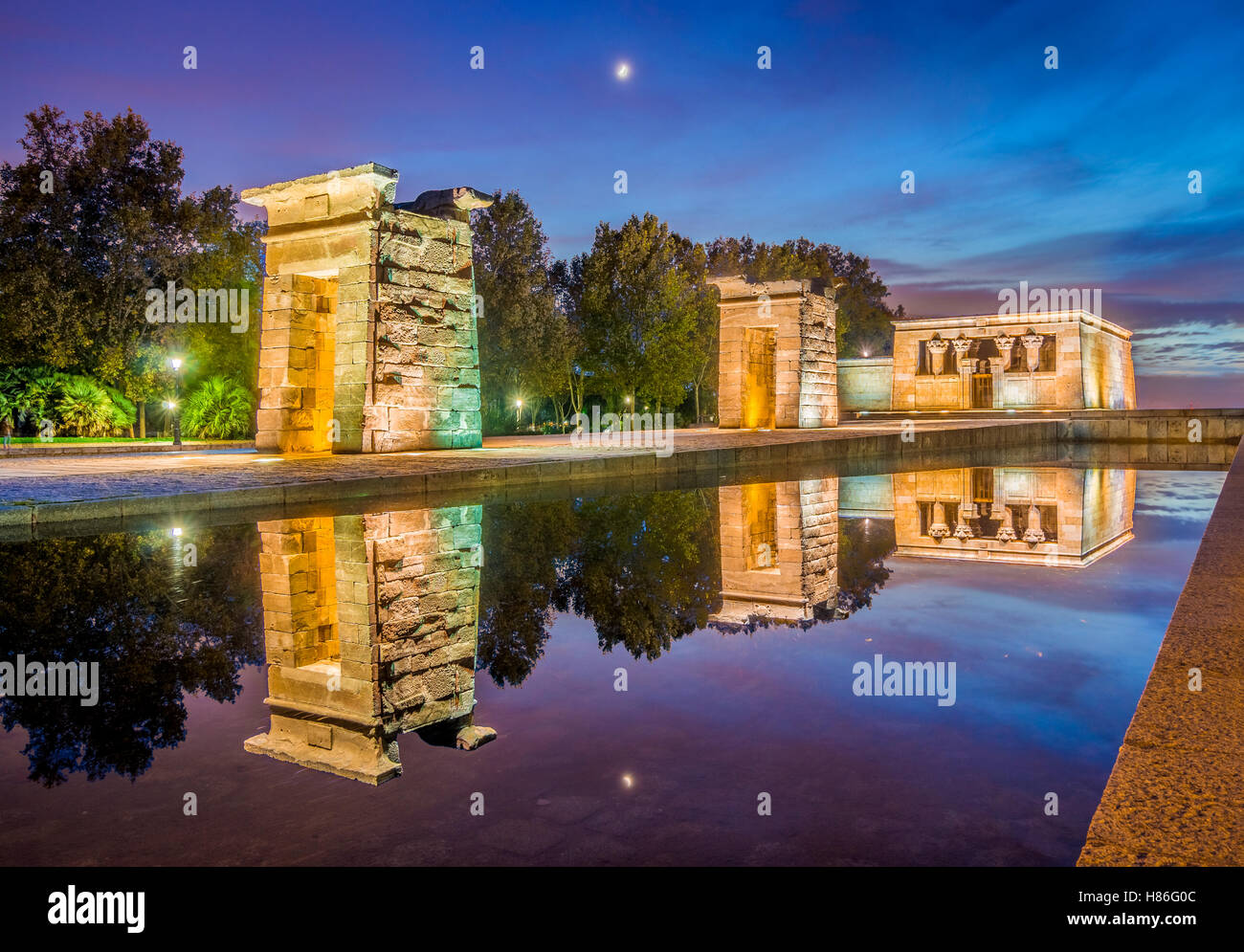 The Temple of Debod is an Egyptian temple donated by Egipt to Spain in 1968 in gratitude for the help provided in saving the Abu Stock Photo