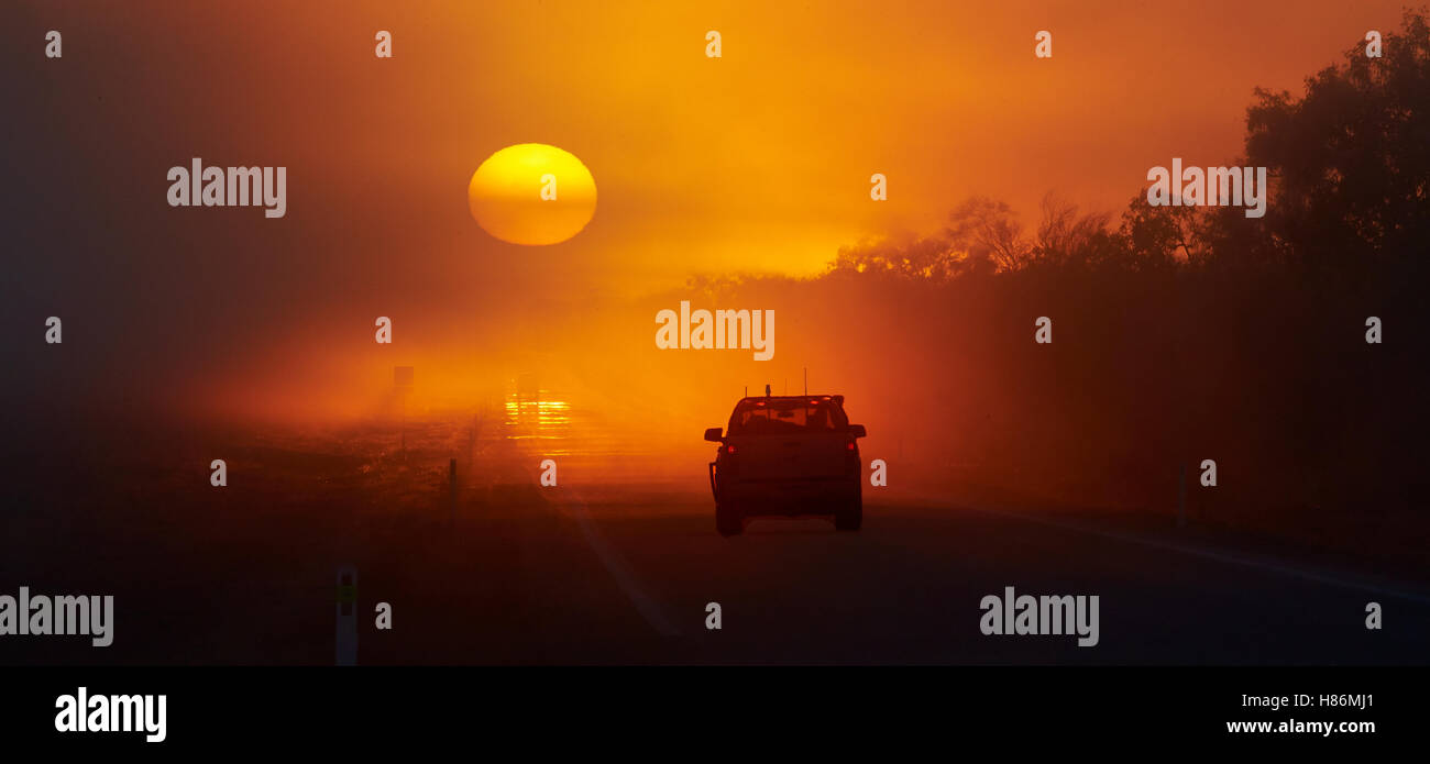 Car driving on road at sunrise, Broome, Kimberley, Western Australia