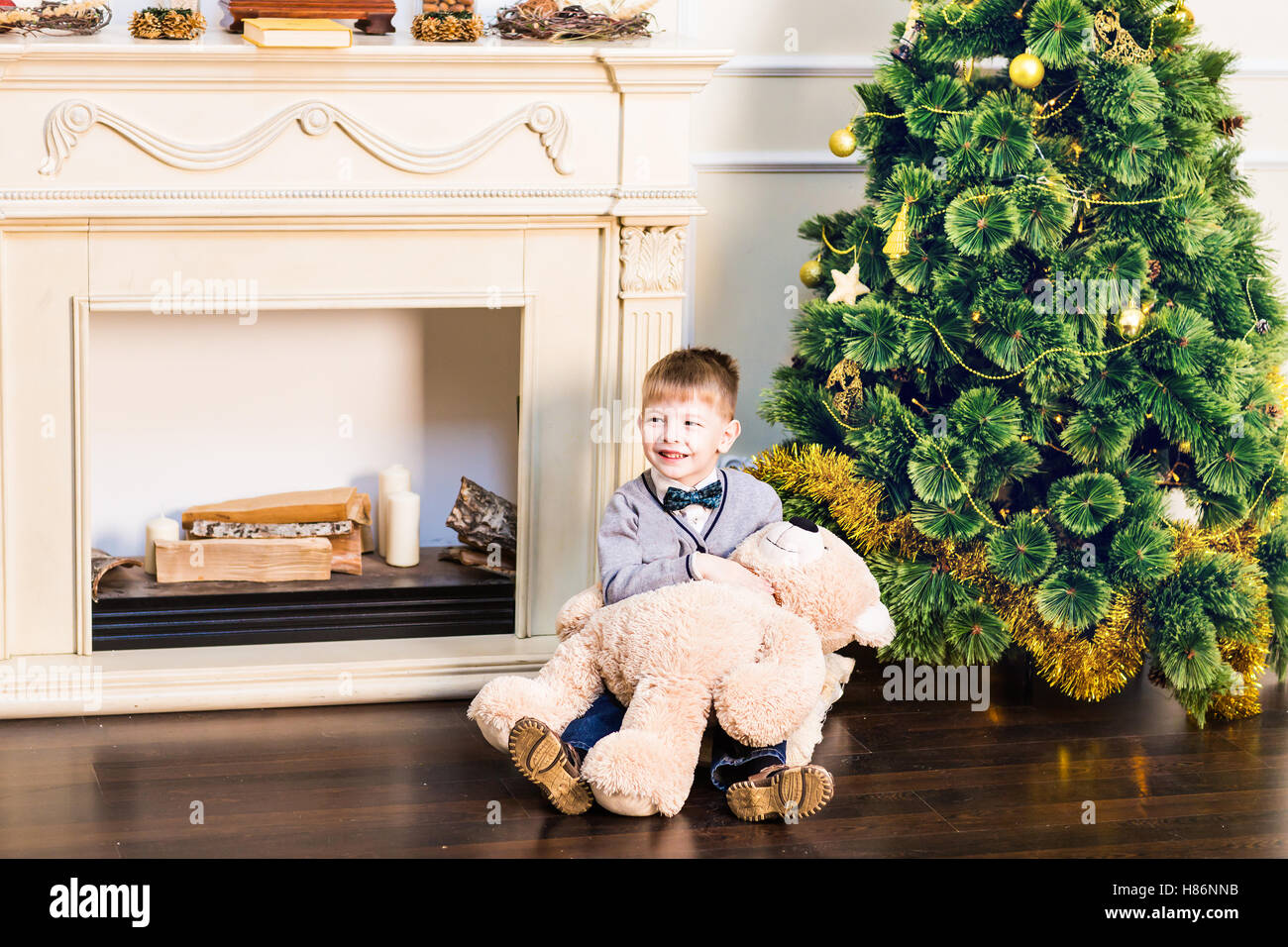 Boy sits with teddy bear in the background of the Christmas tree Stock ...