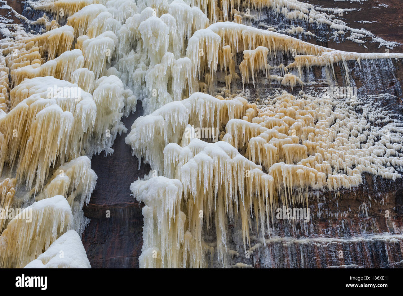 Frozen waterfall on the Virgin River, Zion National Park, Utah Stock