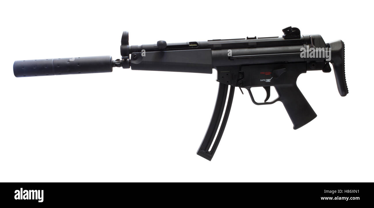 Assault rifle isolated on white with its stock shortened Stock Photo