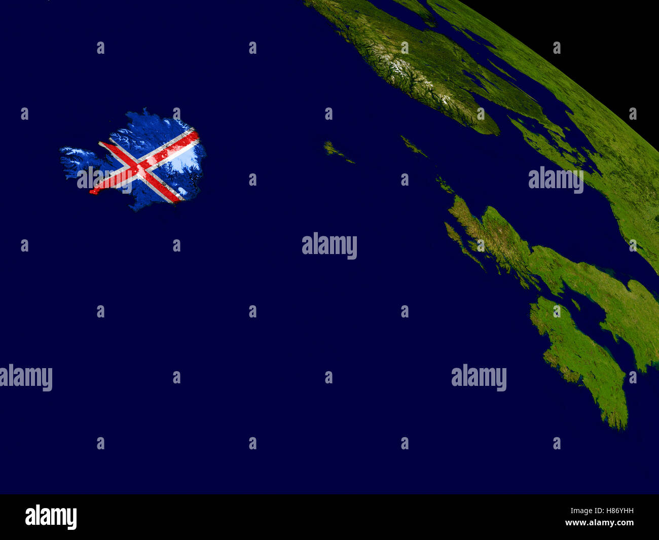Map of Iceland with embedded flag on planet surface. 3D illustration ...