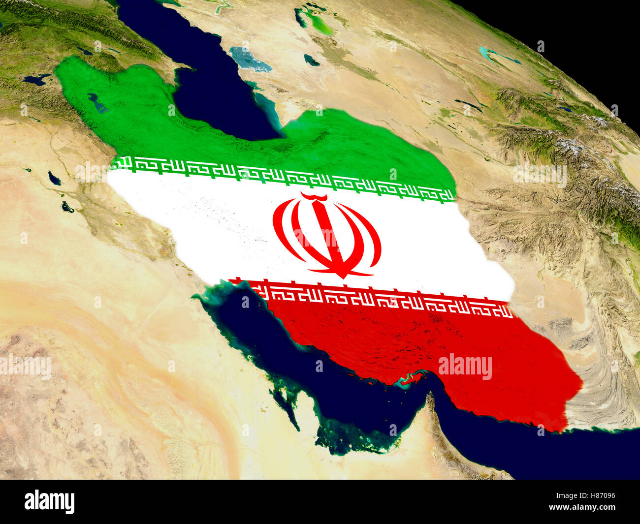 Map of Iran with embedded flag on planet surface. 3D illustration. Elements of this image furnished by NASA. Stock Photo