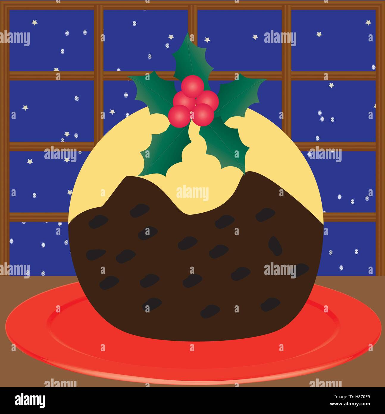 A Christmas Pudding decorated with Hollyleaves and berries and covered with rum flavoured custard on a red plate with a snowflake and star background Stock Vector