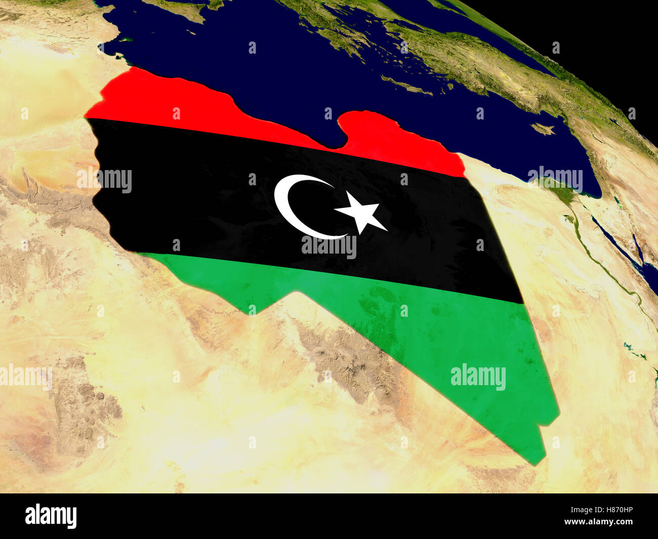 Map of Libya with embedded flag on planet surface. 3D illustration ...
