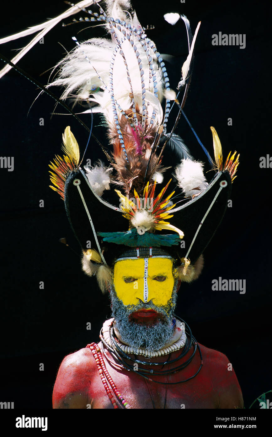 Huli man wearing a headdress made with feathers from Papuan Lorikeets ...