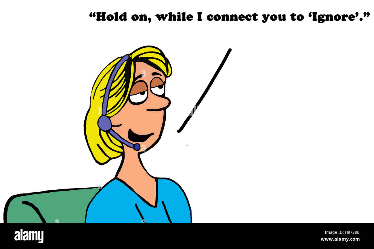 Color business illustration of a terrible, lazy customer service rep putting a call on 'ignore'. Stock Photo