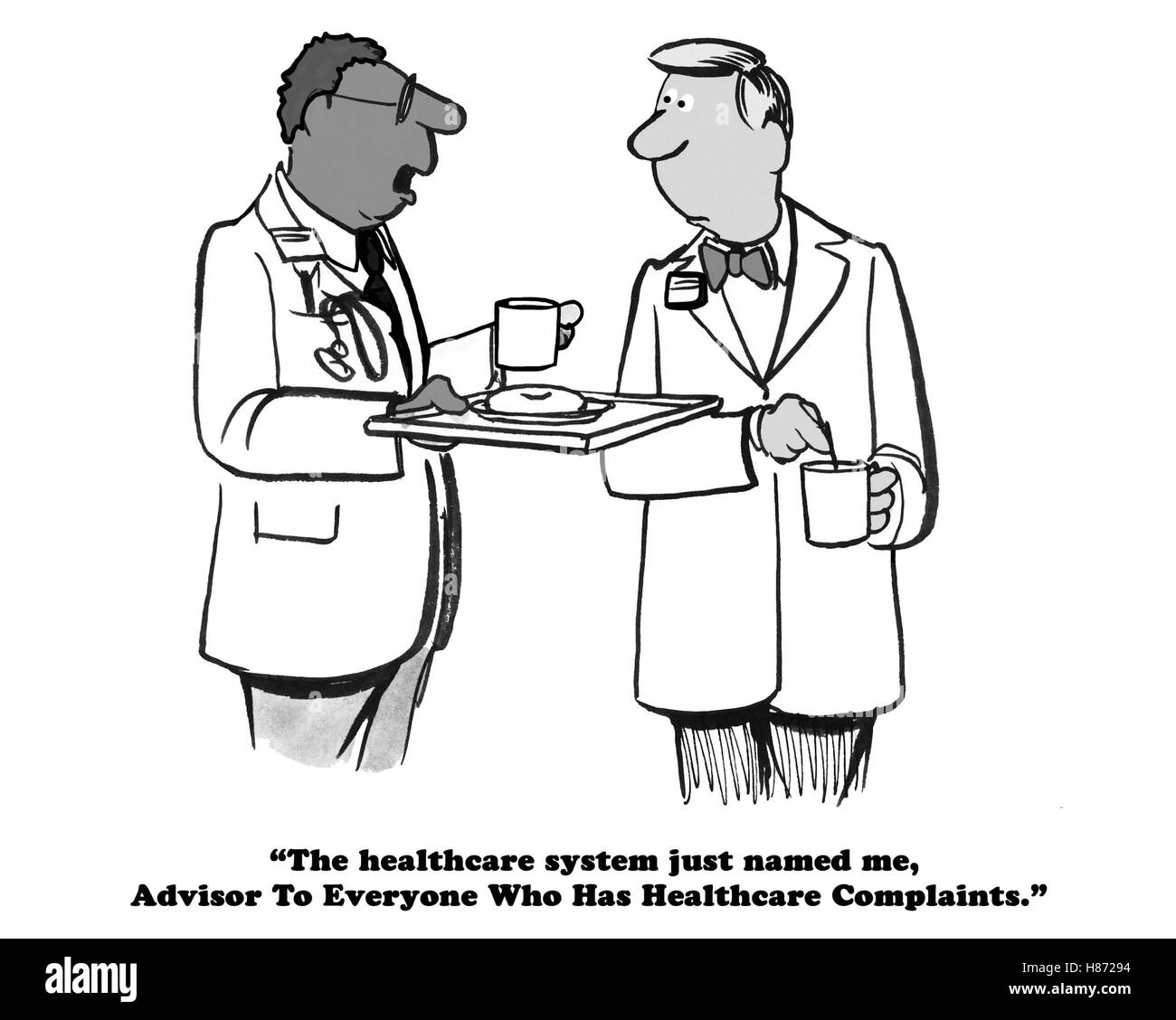 Medical cartoon about being appointed as advisor to everyone with complaints about their health insurance. Stock Photo
