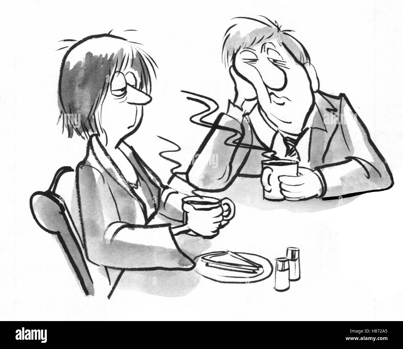 Black and white illustration of two tired businesspeople drinking coffee. Stock Photo