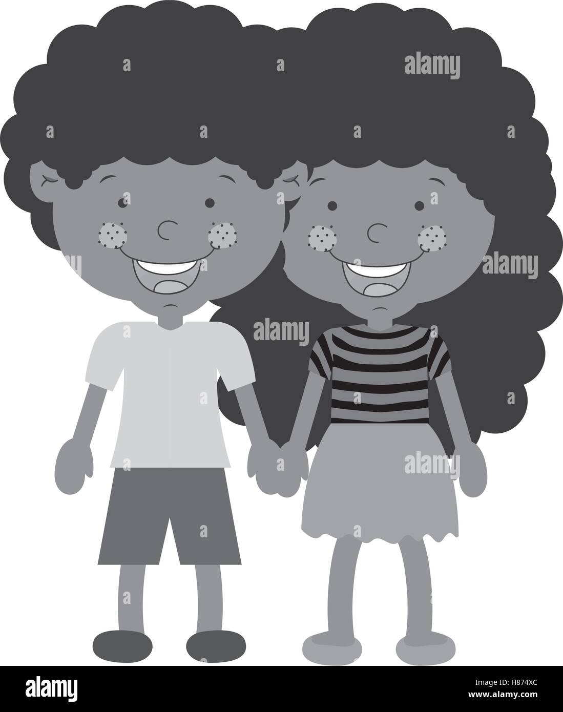 monochrome couple of children taken from the hand with curly hair vector illustration Stock Vector