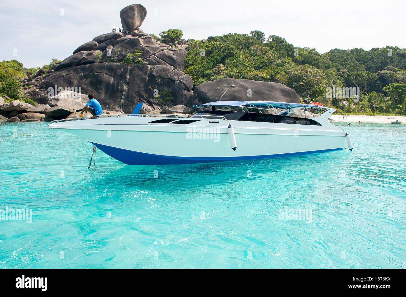 Gorgeous landscape of the sea coast, tropical and high-speed boat at Similan island, Focused at the boat Stock Photo