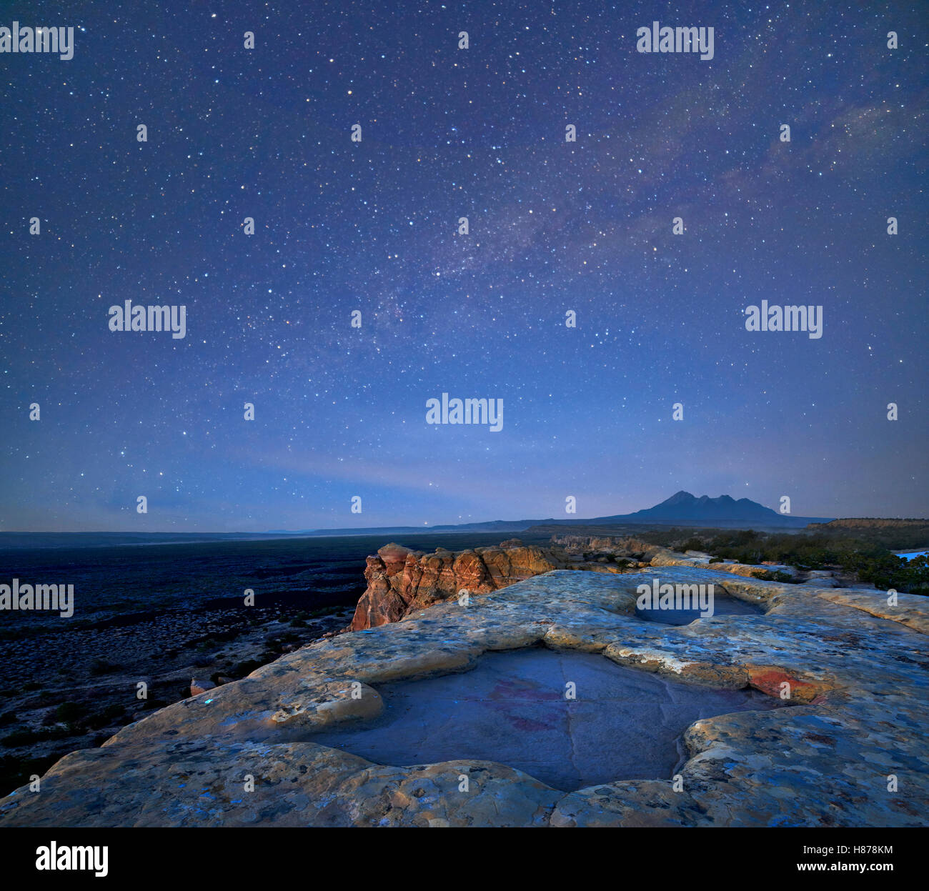 Tinajas in Sandstone Bluffs over looking lava beds at dusk, El Malpais