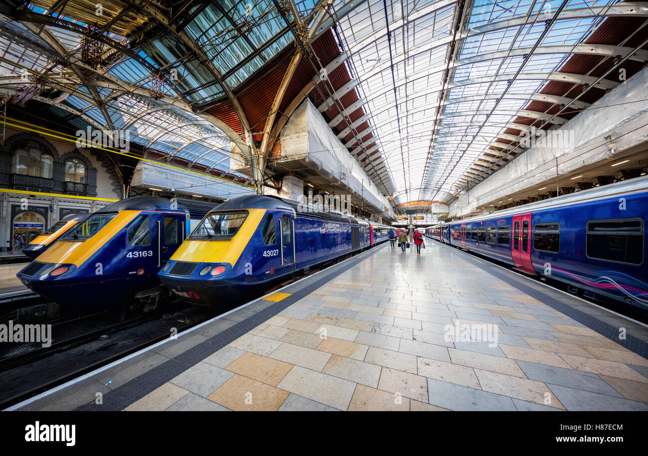 Paddington station London platform with trains waiting for boarding Stock Photo