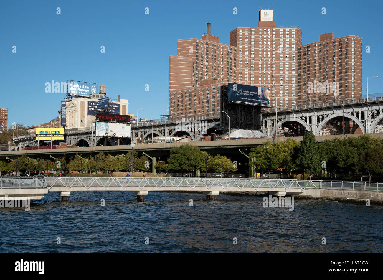 Commercial and residential properties Manhattan New York USA  The River Hudson and riverside park area Stock Photo
