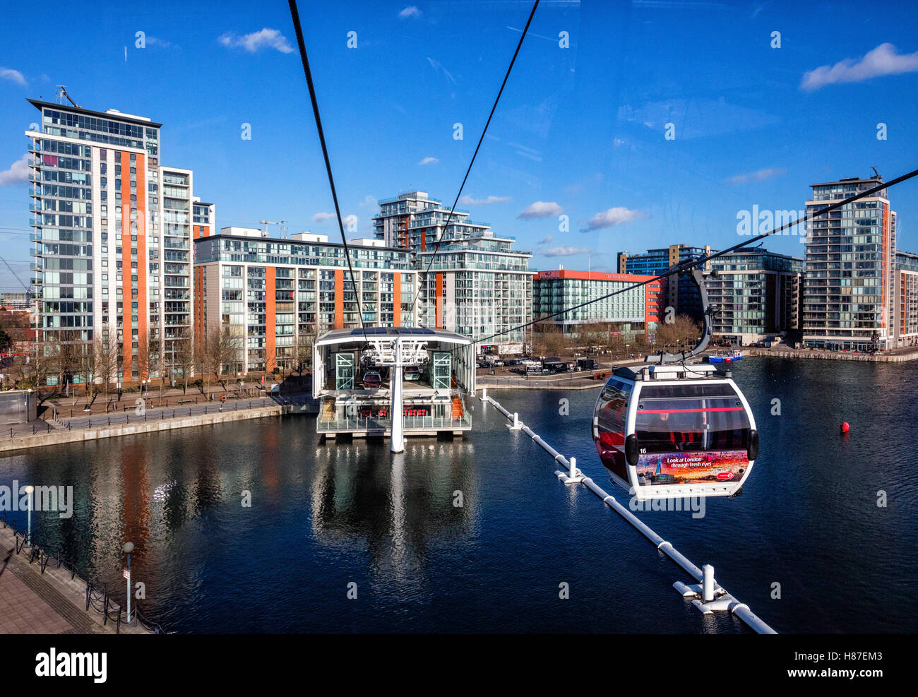 Emirates Air Line gondola cable car across the River Thames from the