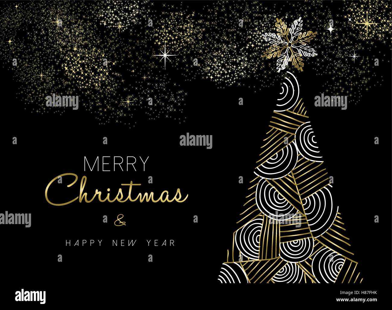 Merry Christmas and New Year gold pine tree greeting card design in ...