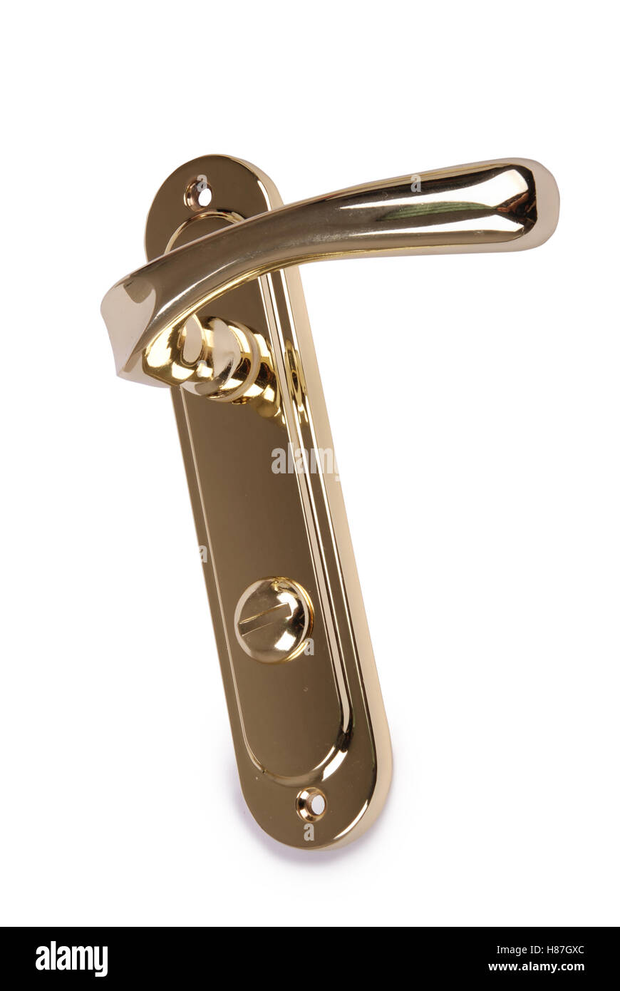 Metal door handle isolated on white background. Closeup with clipping