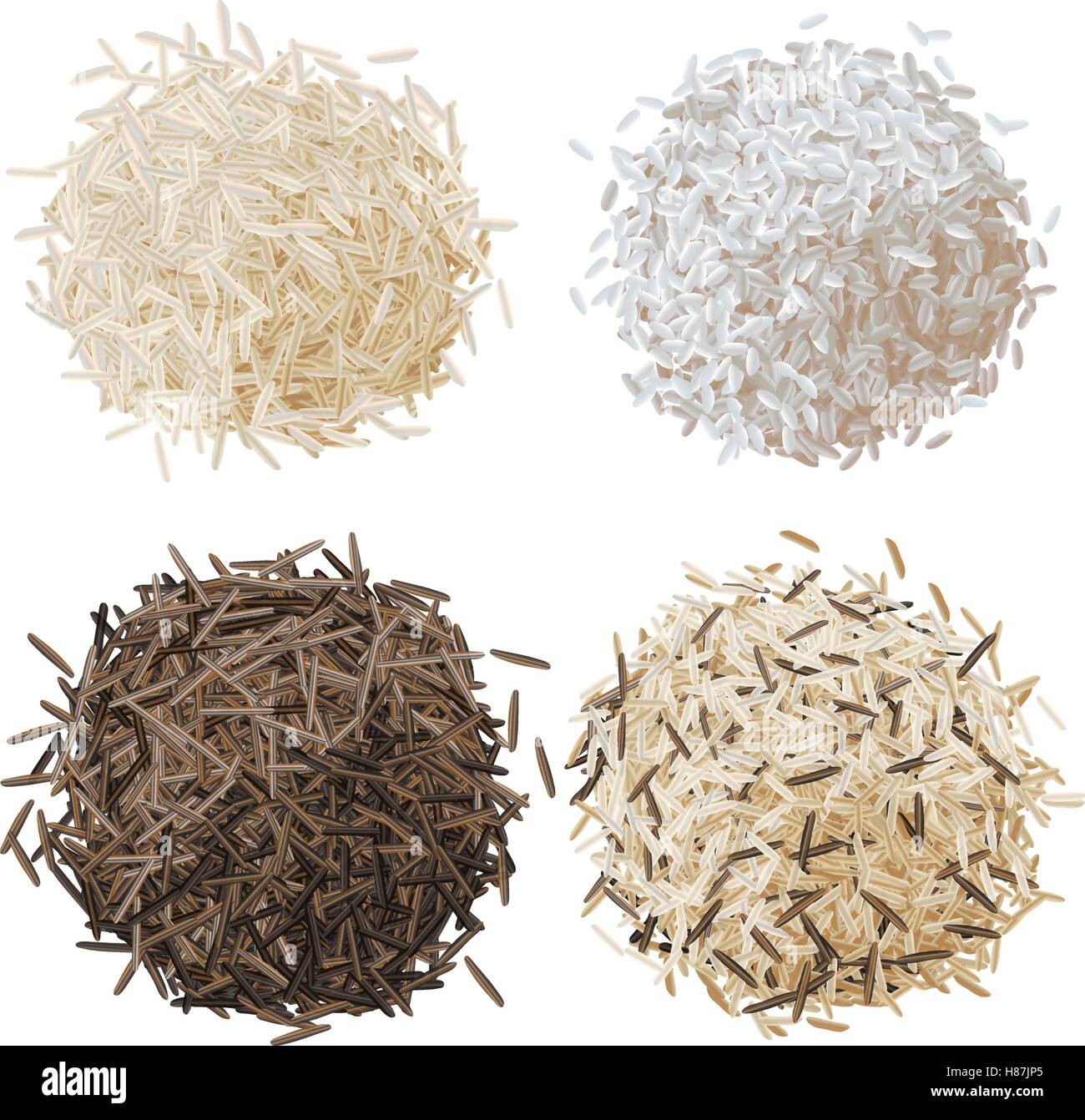 Realistic rice pile set vector illustration, basmati, risotto, wild