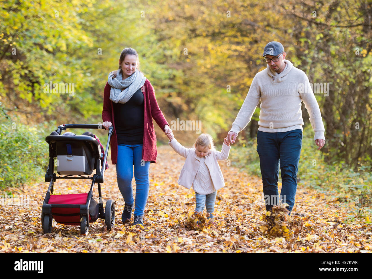 Beautiful young family on a walk in autumn forest Stock Photo - Alamy