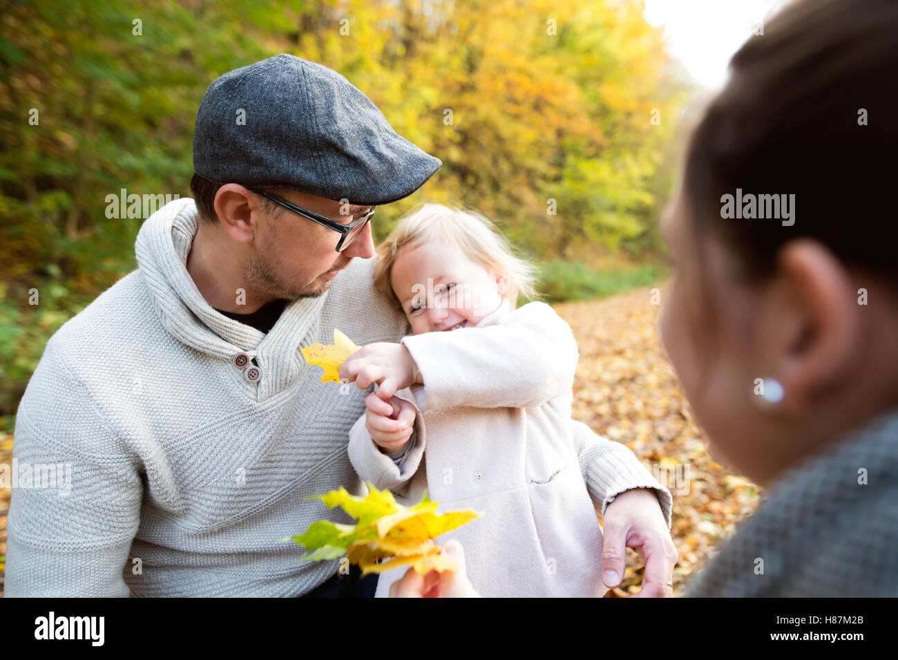 Beautiful young family on a walk in autumn forest Stock Photo - Alamy