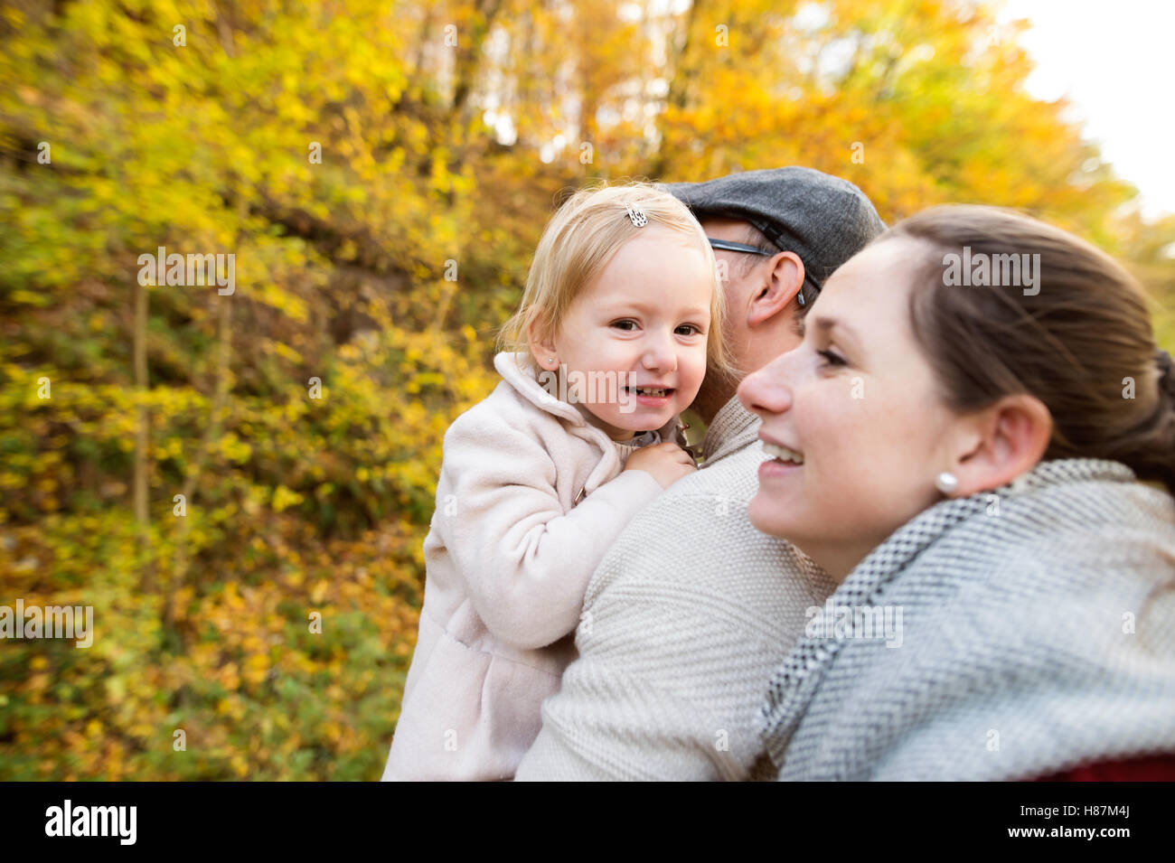 Beautiful young family on a walk in autumn forest Stock Photo - Alamy