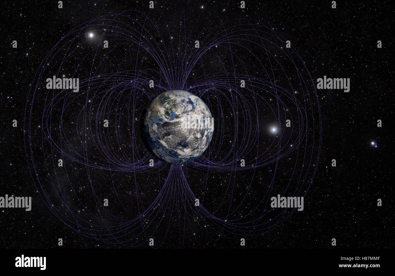 3D rendering of Planet Earth's magnetic field. Stock Photo