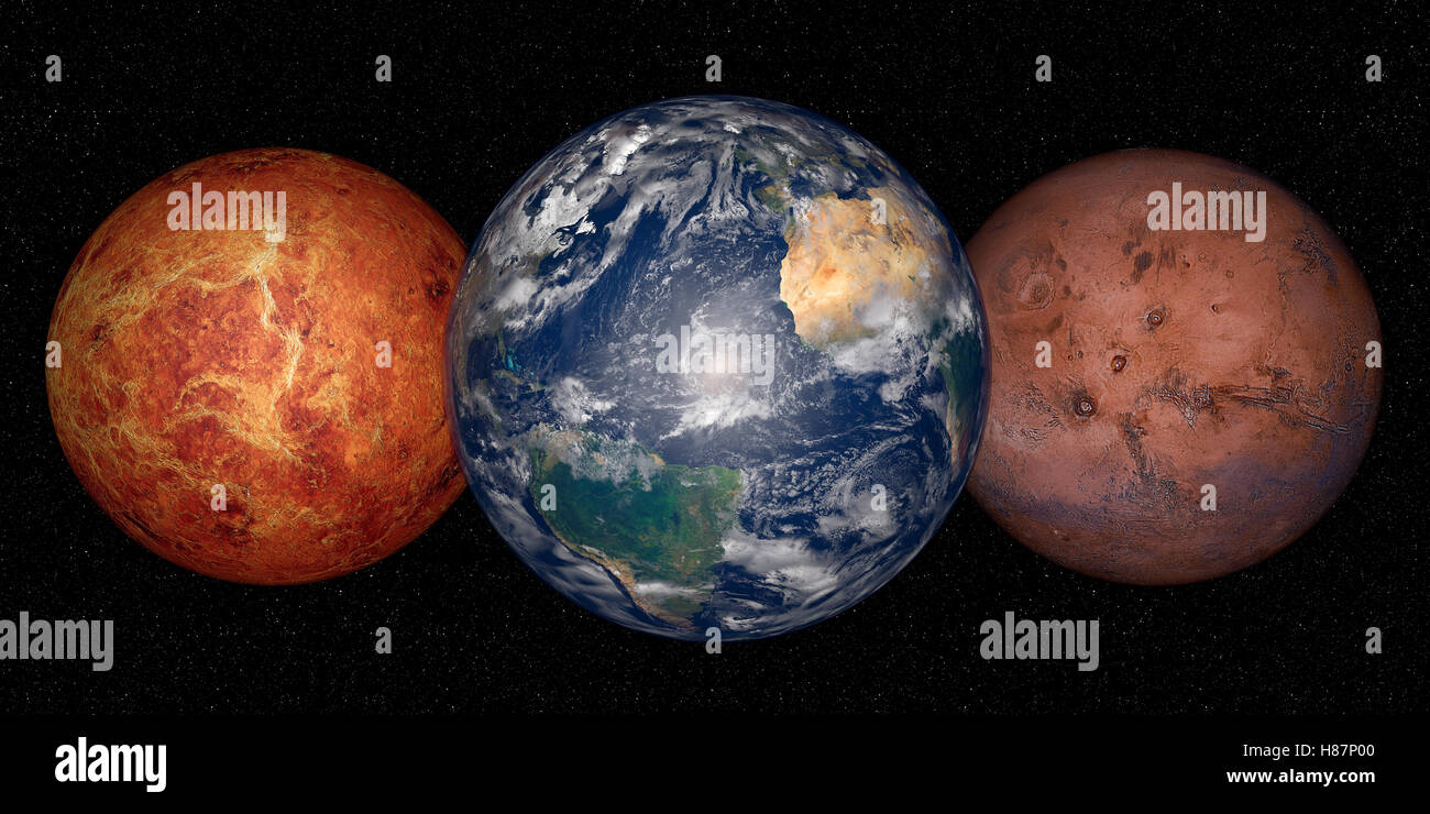 Planet Earth, mars and venus on a space background Stock Photo