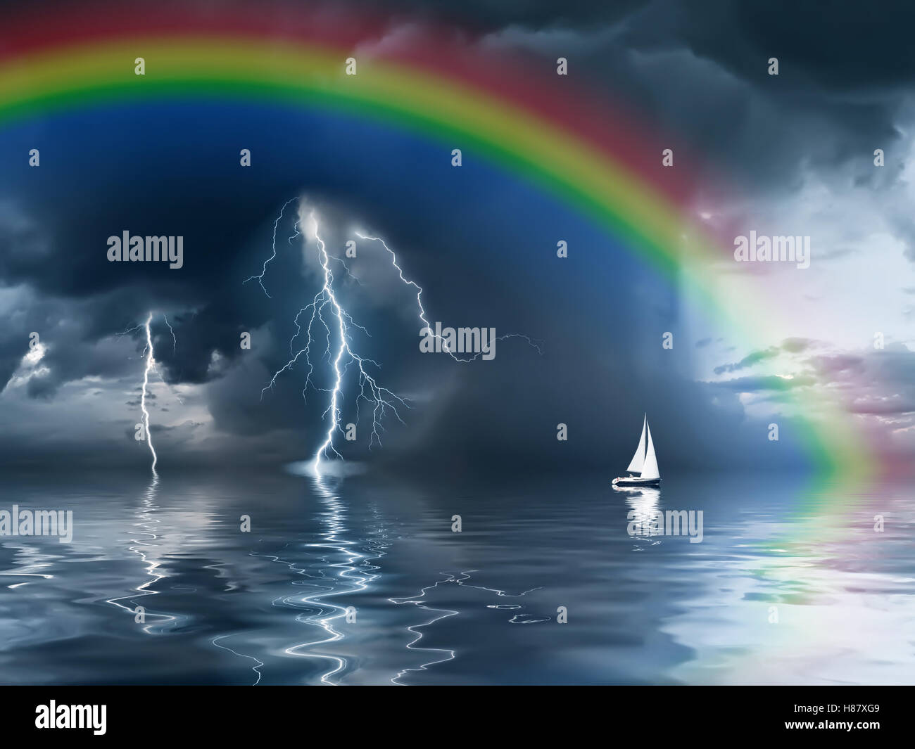Beautiful landscape with rainbow, lightning ang yacht against the  background of a stormy sky Stock Photo - Alamy