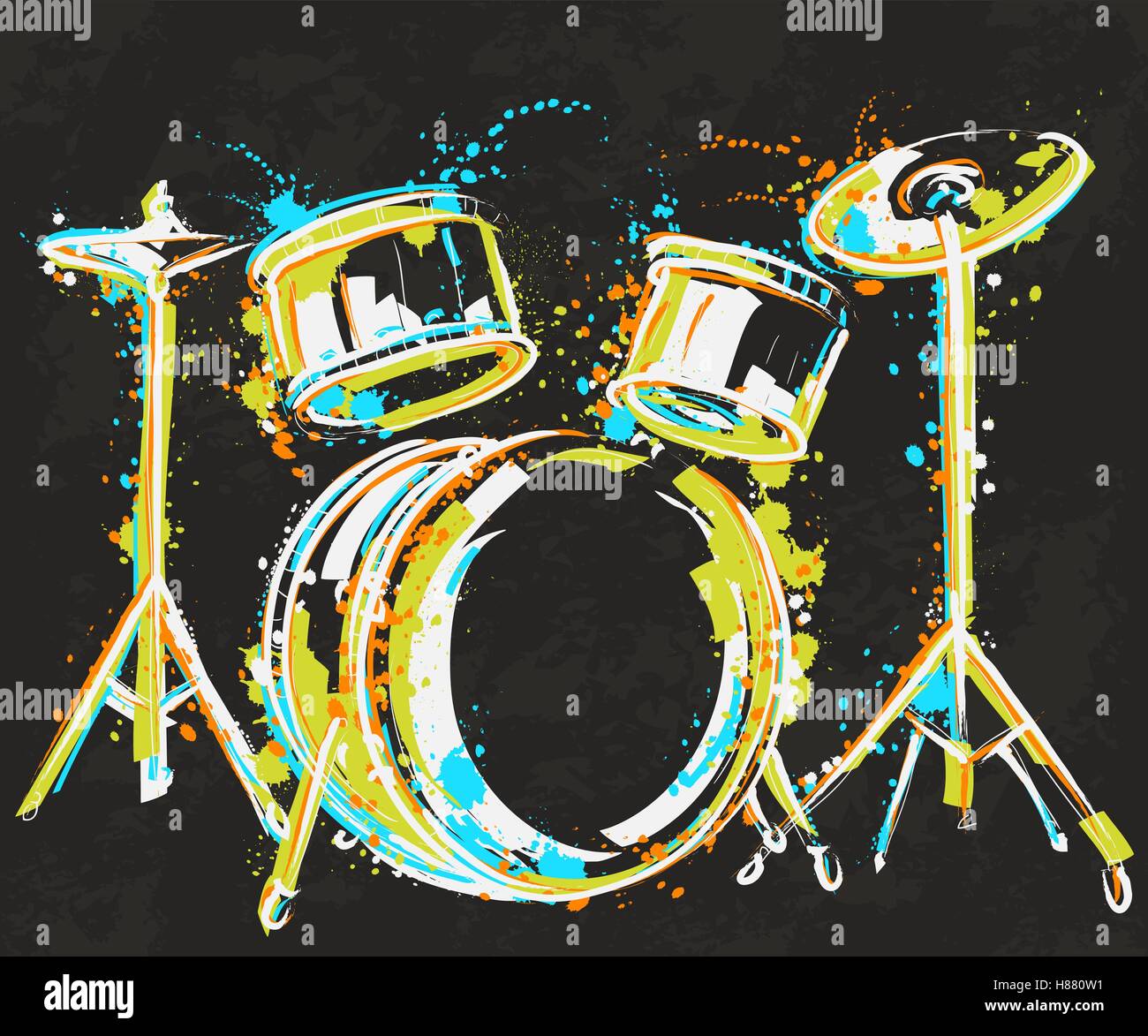 Drum kit with splashes in watercolor style. Stock Vector