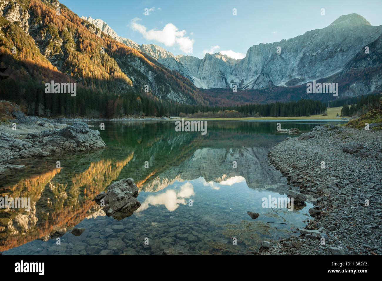 Autumn afternoon at upper Fusine lake, Udine province, Italy. Stock Photo