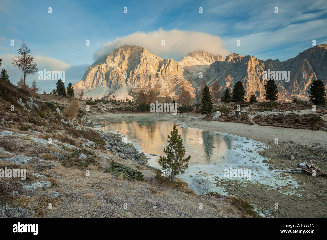Frosty morning at lake Limides, Dolomites, Italy. Stock Photo