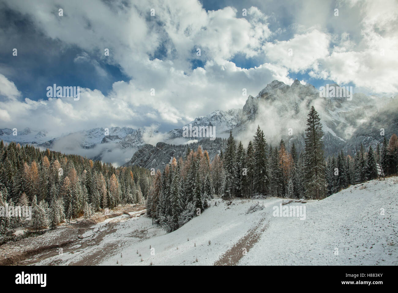 Early snow in the Dolomites, northern Italy. Stock Photo