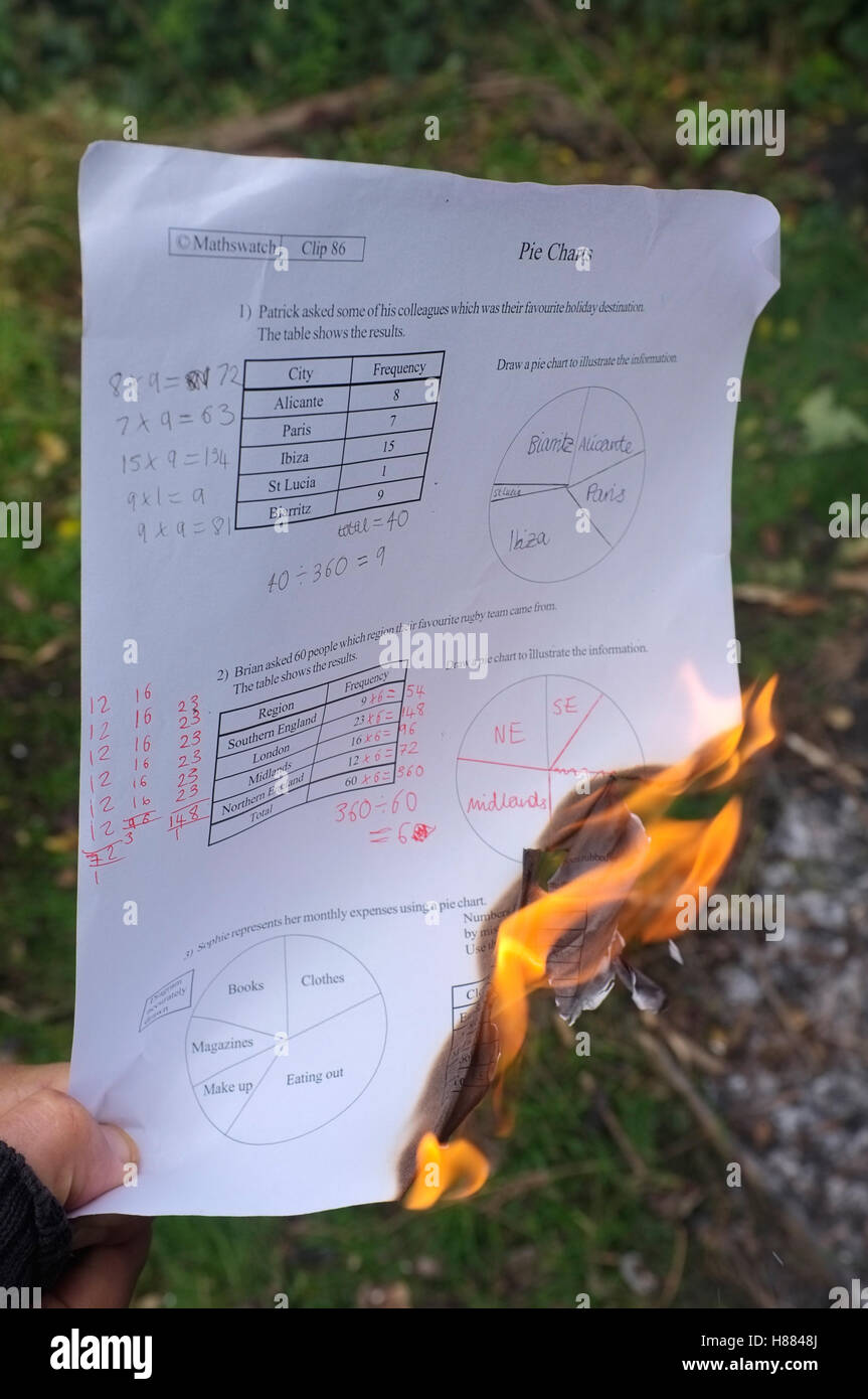 A school leaver sets fire to her maths revision/homework/schoolwork Stock Photo