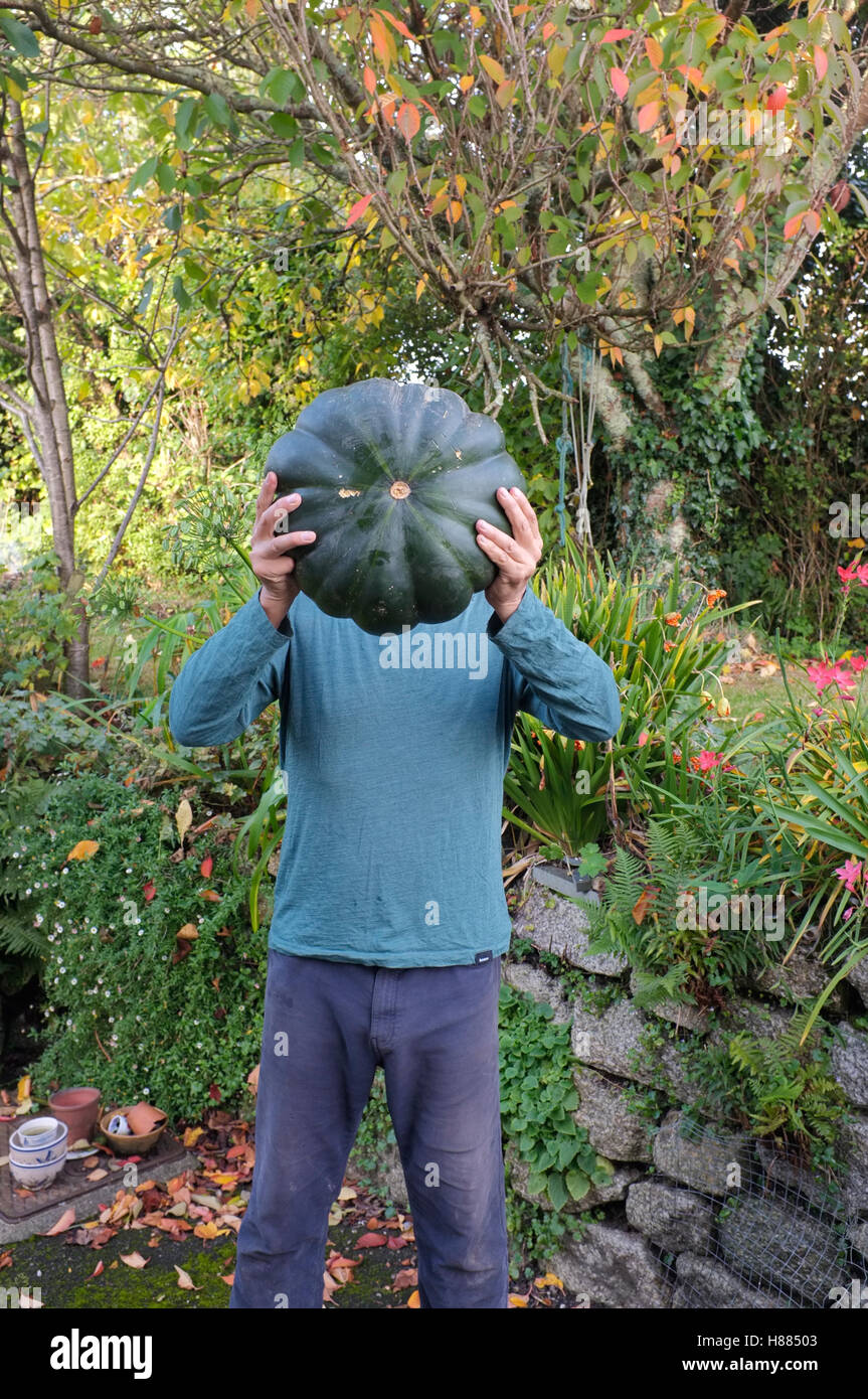 A man holds up a large squash that he has grown in his garden in Cornwall, UK Stock Photo