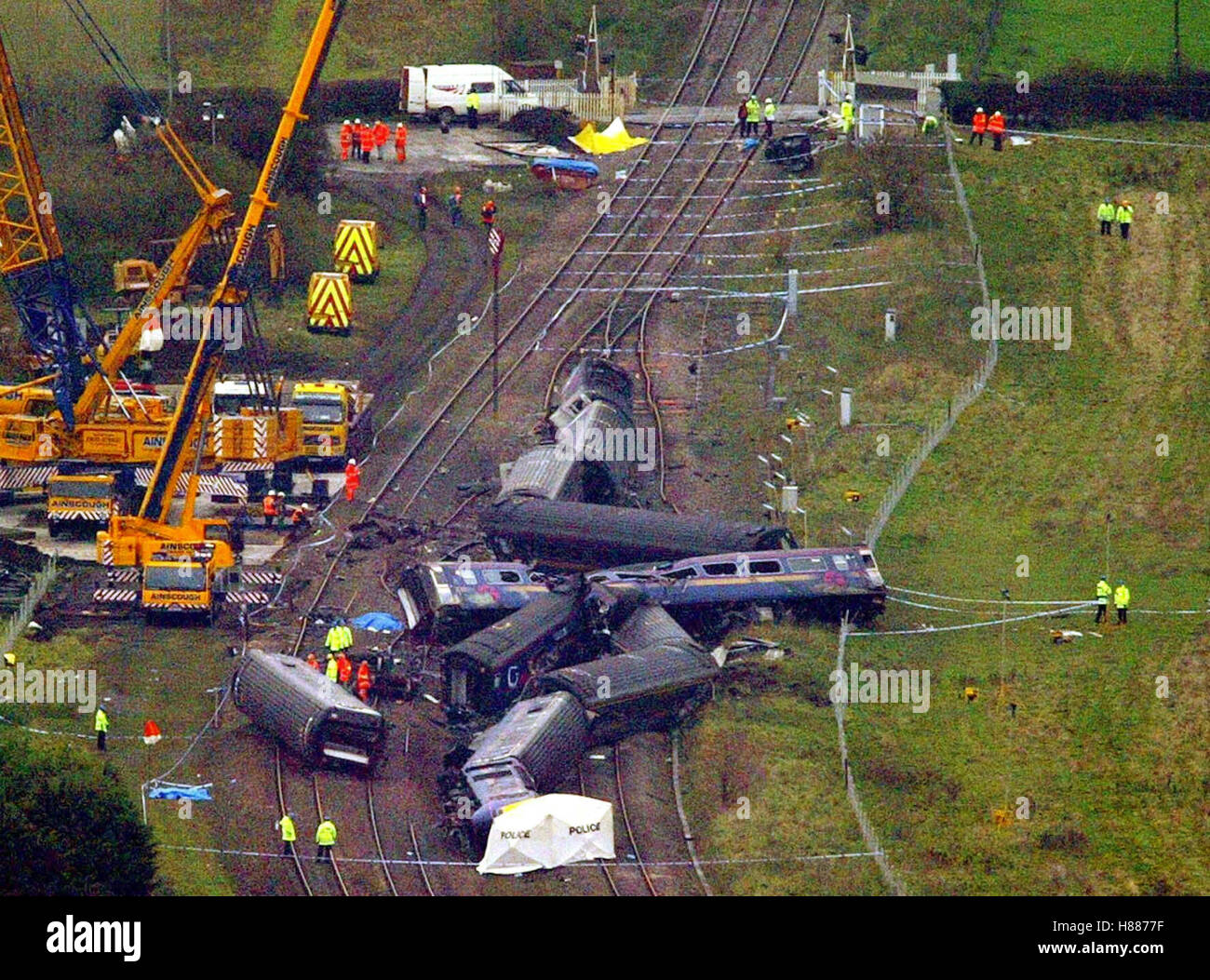 File photo dated 08/11/04 of a train crash in Ufton Nervet, Berkshire, which killed seven people and injured 120. Stock Photo