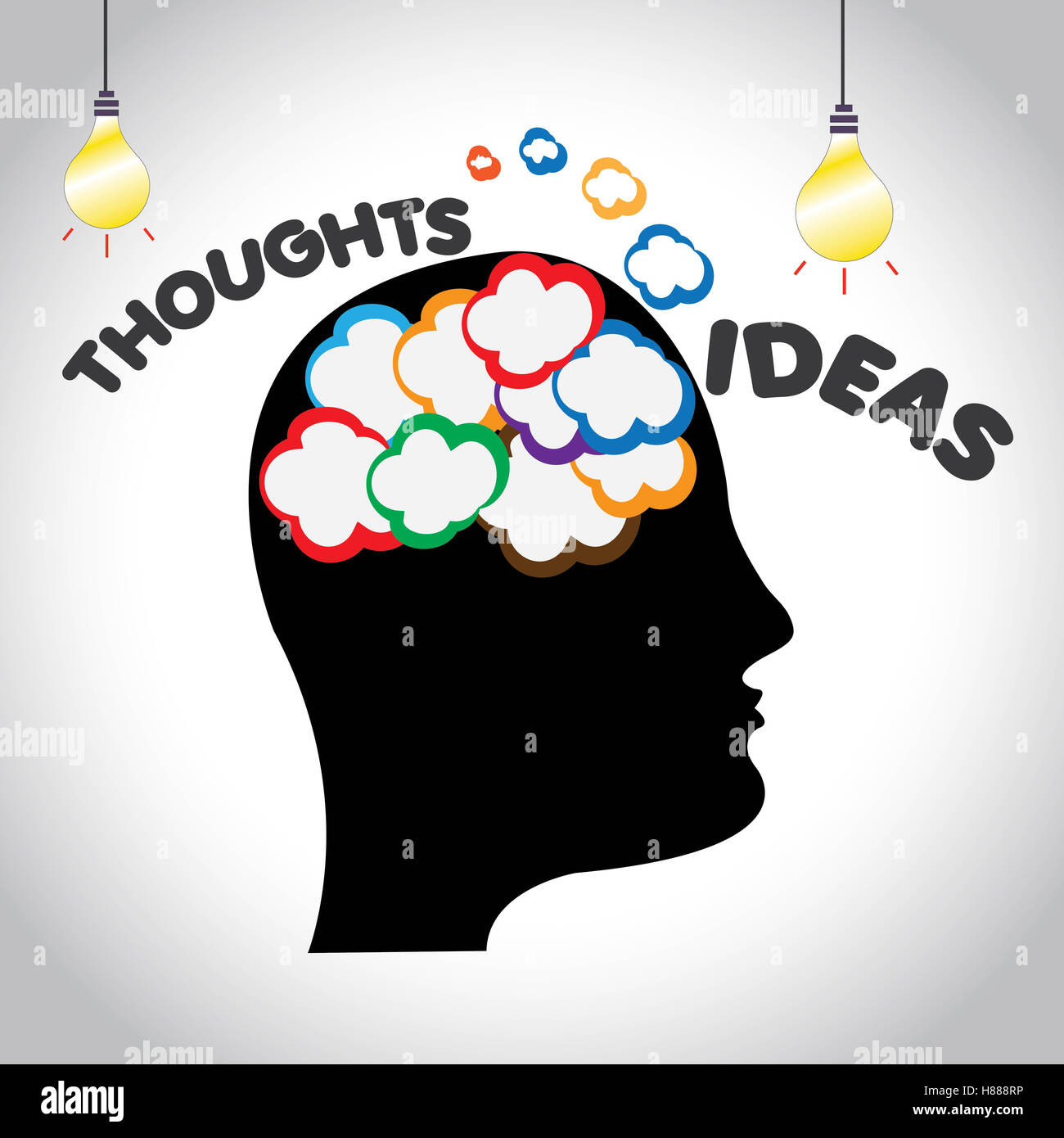 Concept of creative thoughts and ideas in human brain - illustration Stock Photo
