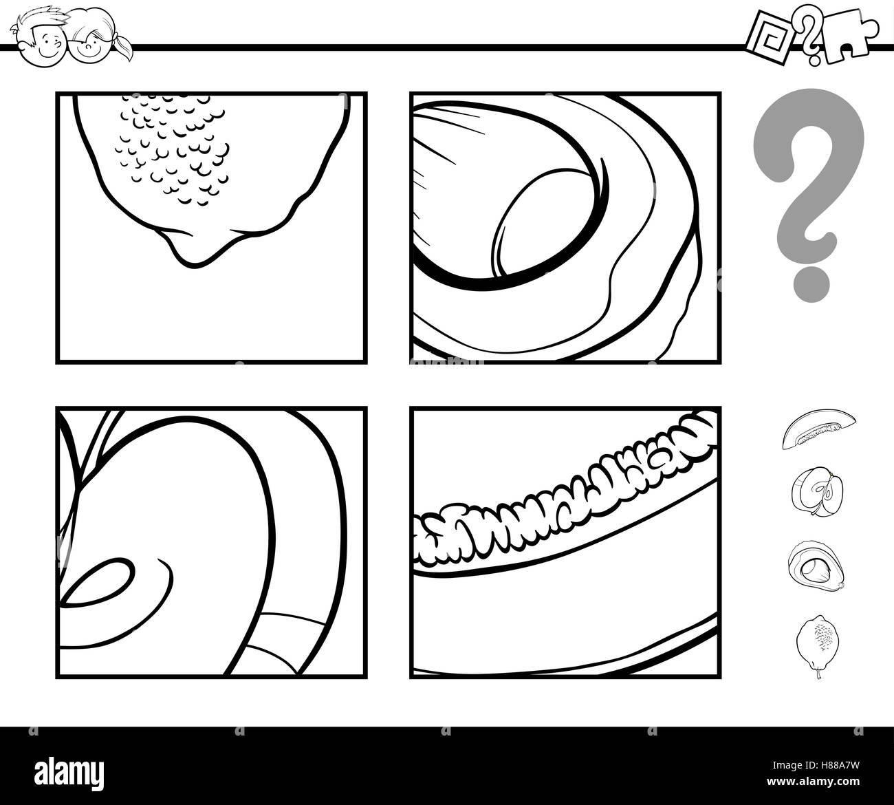 Black and White Cartoon Illustration of Educational Activity Task of Guessing Fruits for Children Coloring Page Stock Vector