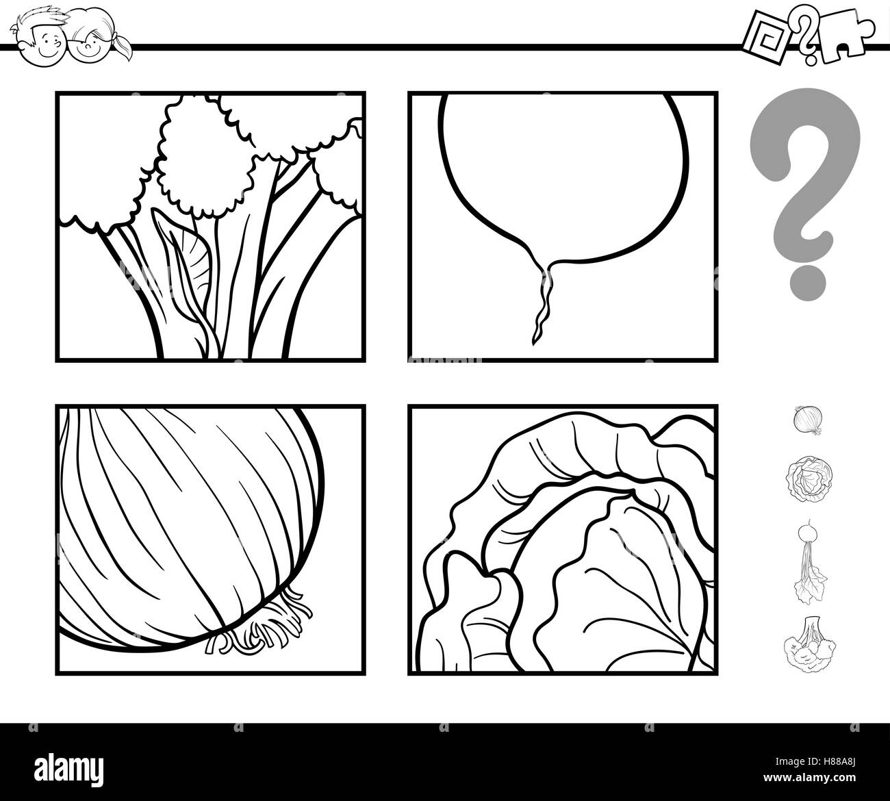 Black and White Cartoon Illustration of Educational Activity Task of Guessing Vegetables for Children Coloring Page Stock Vector