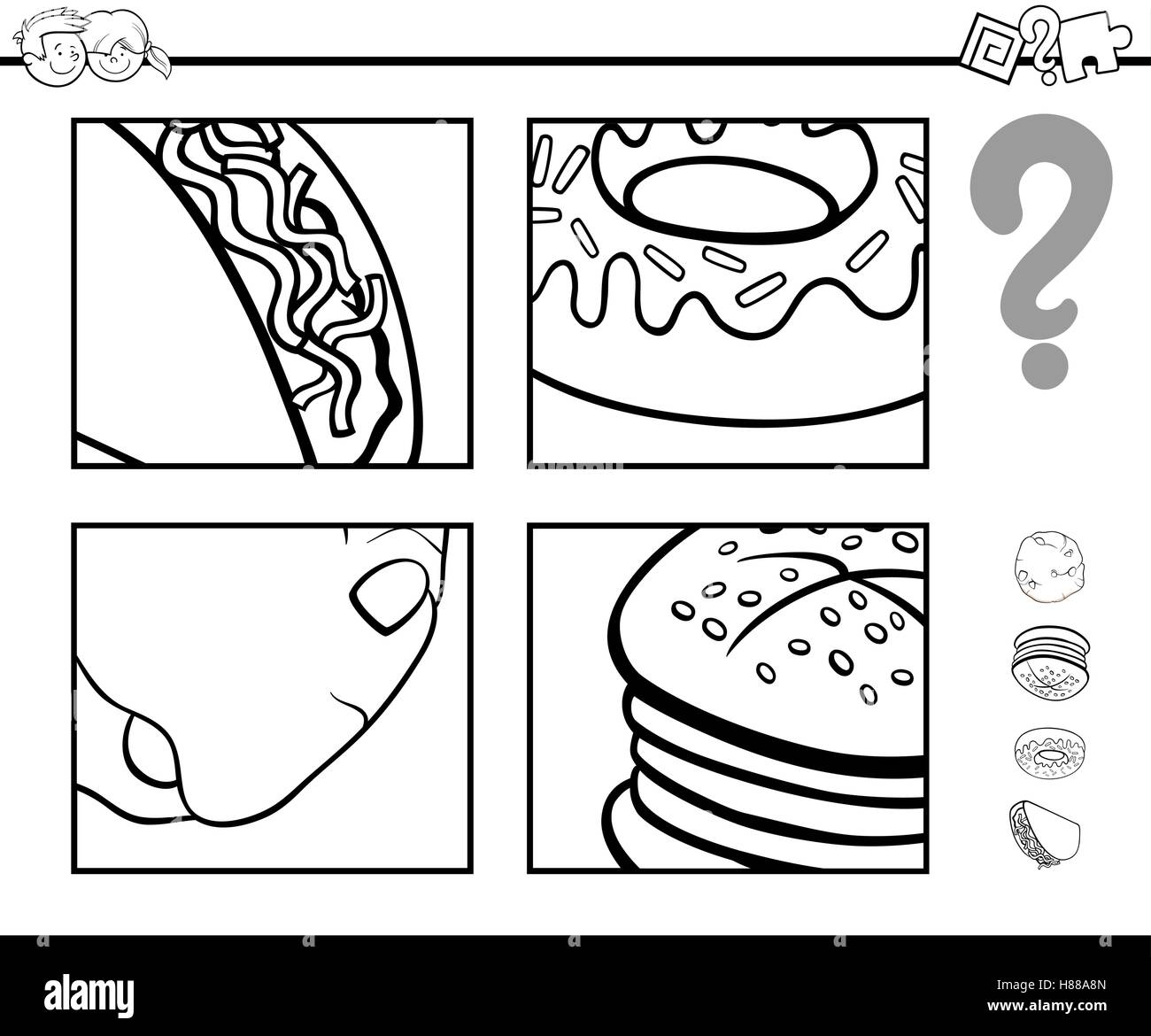 Black and White Cartoon Illustration of Educational Activity Task of Guessing Food Objects for Children Coloring Page Stock Vector