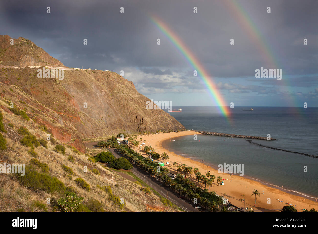 Rainbow; Las Teresitas beach, Santa Cruz de Tenerife area, Tenerife island, Canary archipelago, Spain, Europe Stock Photo